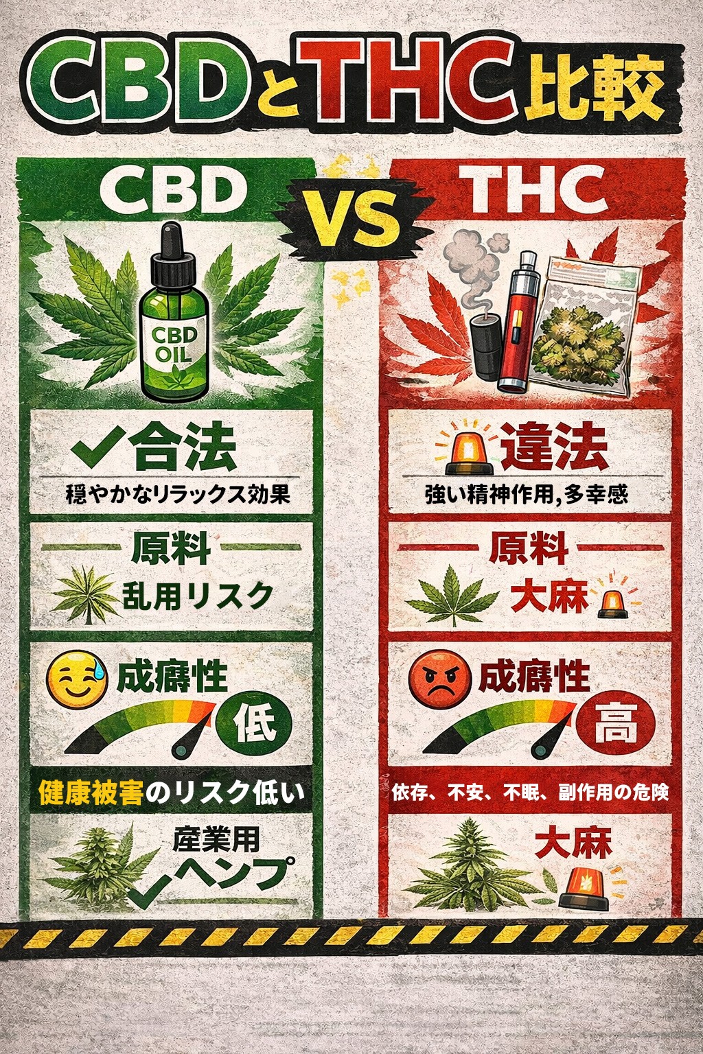 CBDとTHCの違いを示した成分比較イメージ