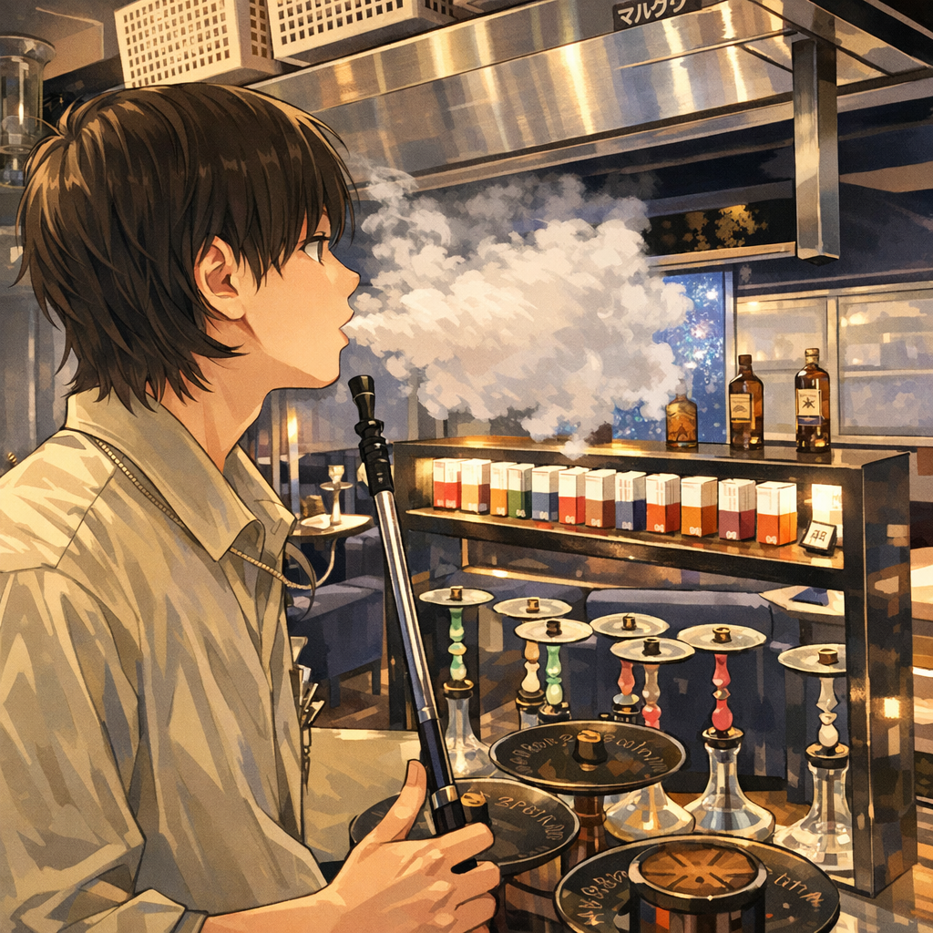 シーシャを楽しむ様子と煙の広がり、口内吸引と肺吸引の解説用イメージ シーシャを楽しむ様子と煙の広がり、口内吸引と肺吸引の解説用イメージ